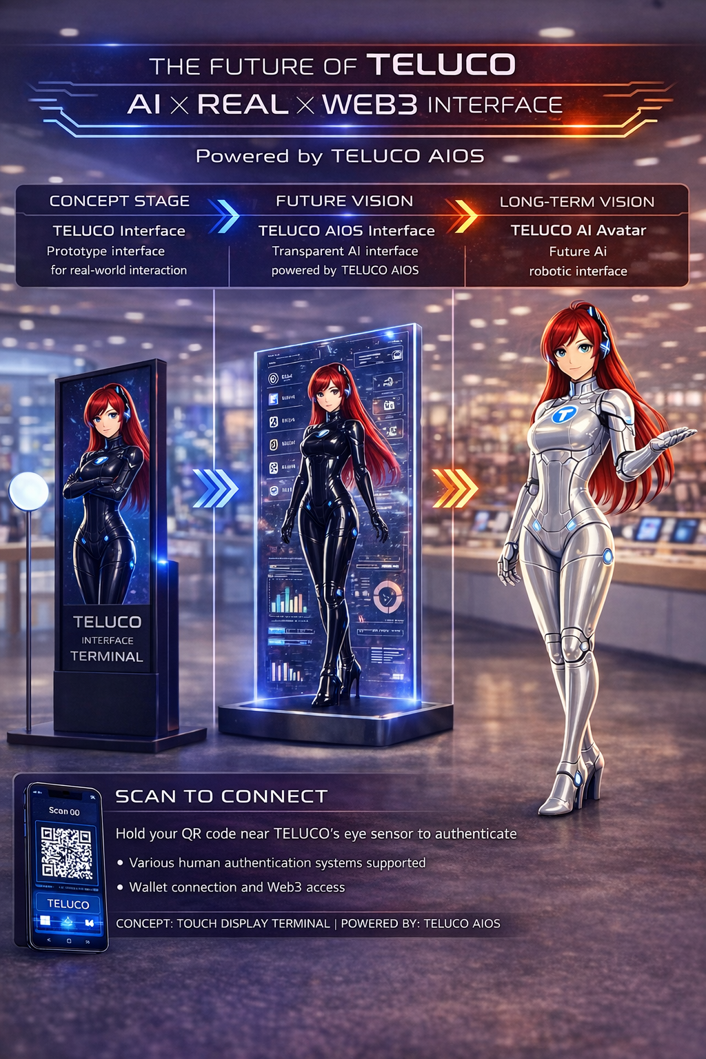 Concept illustration of TELUCO AIOS interface environments and AI avatar vision
